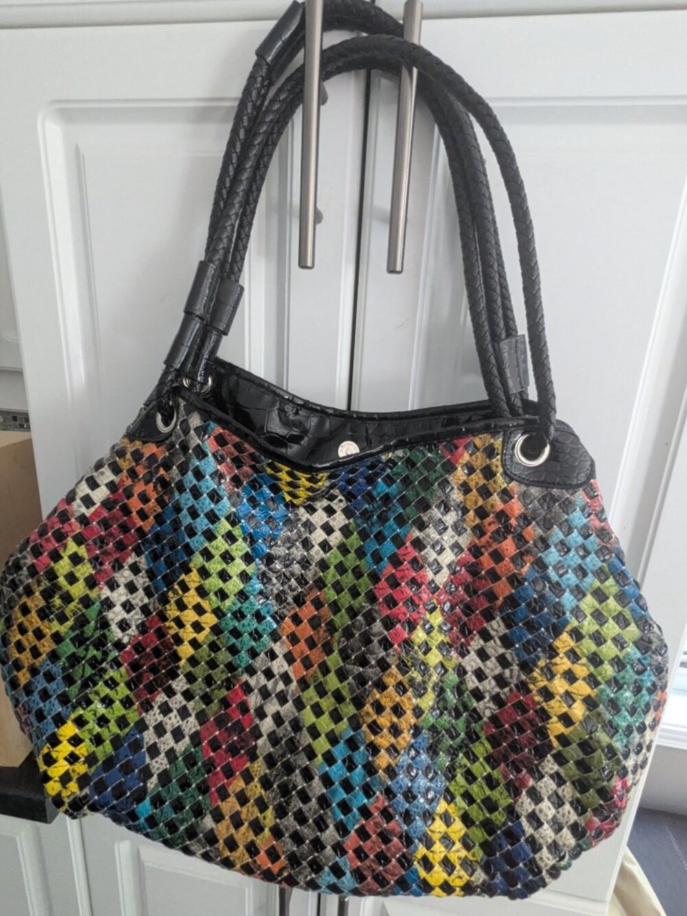 Multicolored patent leather handbag